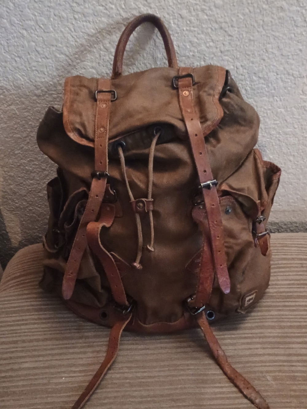 Men's Brown Waxws Canvas and Bison Leather Backpack - Vintage Outdoor Style